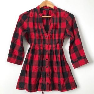 Red Buffalo Check Pin-tuck Tunic Button Up Blouse